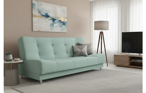 Wersalka Olivia w kolorze szary błękit na sprężynach z funkcją spania i pojemnikiem